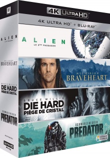 Coffret 4K Culte : Alien, le huitième passager + Braveheart + Piège de cristal + Predator - Packshot Blu-ray 4K Ultra HD