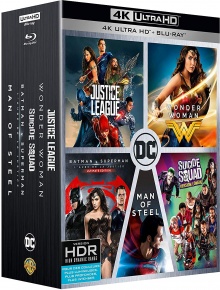 Coffret DC Comics 5 films : Justice League + Wonder Woman + Suicide Squad + Batman v Superman + Man of Steel - Packshot Blu-ray 4K Ultra HD