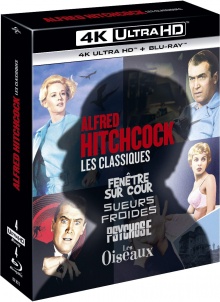Alfred Hitchcock – Coffret : Fenêtre sur Cour + Les Oiseaux + Psychose + Sueurs Froides – Packshot Blu-ray 4K Ultra HD
